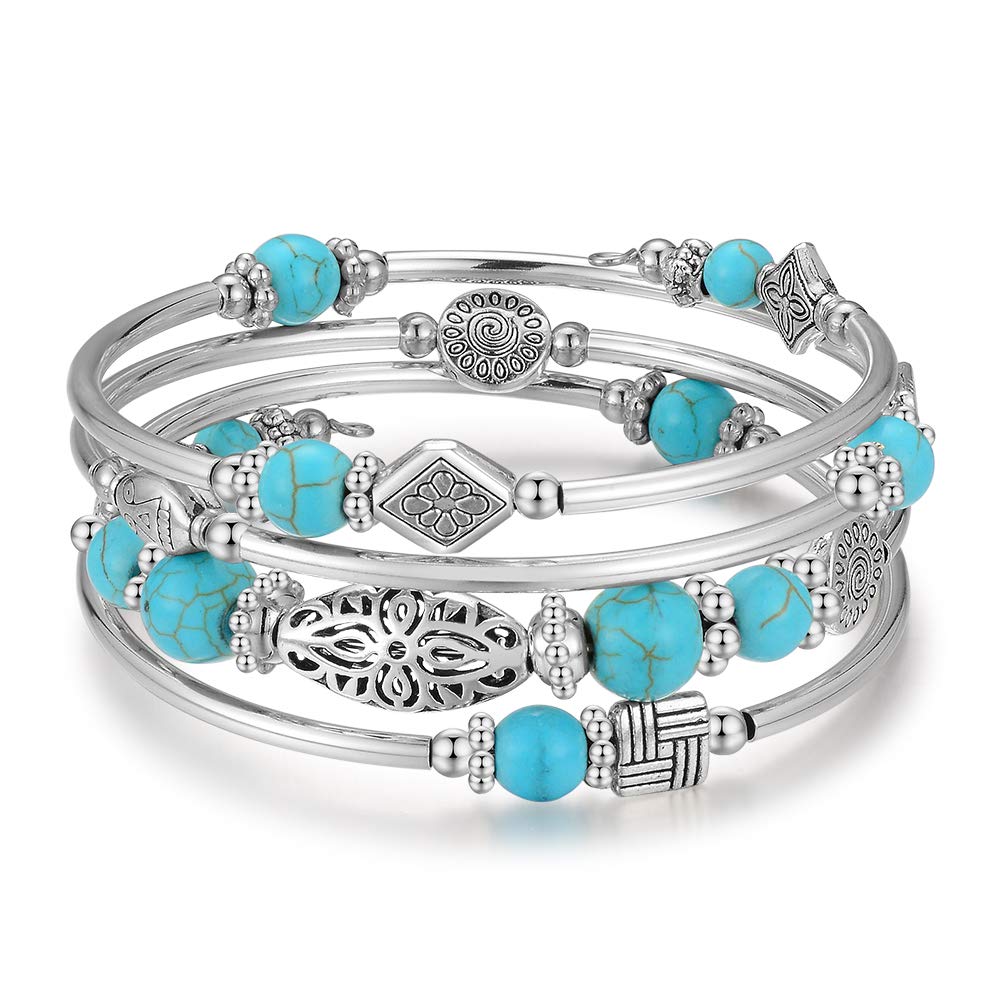BULINLIN Beaded Silver Bangle Wrap Bracelet for Her, Layered Bohemian Bracelets with Natural Stone, Jewellery Gifts for Women Ladies(Turquoise)