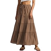 Skrtimory Maxi Skirts for Women Tiered Long Skirts Pleated A Line Drawstring Elastic Waist Flowy White Long Skirt with Lining
