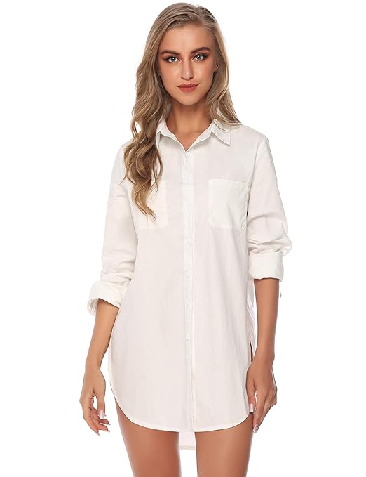 Abollria Damen Lange Bluse Baumwolle Button Down Hemd Oversize Langarmshirt für Freizeit