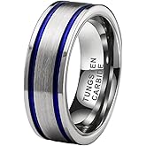 Hokygoky Jewelry 8mm Two Lines Flat Blue Tungsten Wedding Band for Men Women Engagement Finger Rings