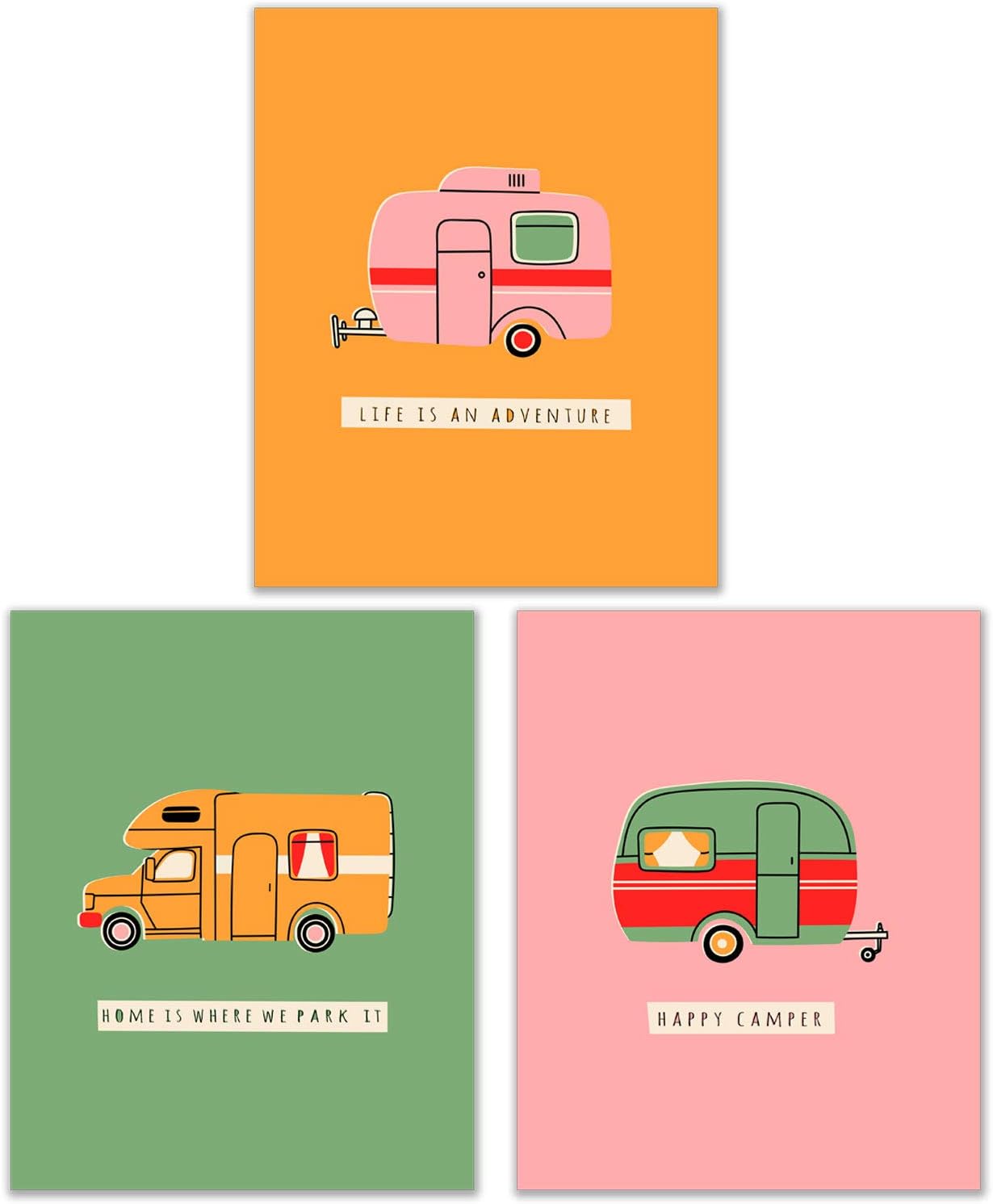 Bold Camping Trailers Prints - Set of 3 (8x10) Inches Glossy Vibrant North American Forest Woodland Camper RV Wanderlust Adventure Modern Scandinavian Wall Art Decor