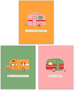 Bold Camping Trailers Prints - Set of 3 (8x10) Inches Glossy Vibrant North American Forest Woodland Camper RV Wanderlust Adventure Modern Scandinavian Wall Art Decor