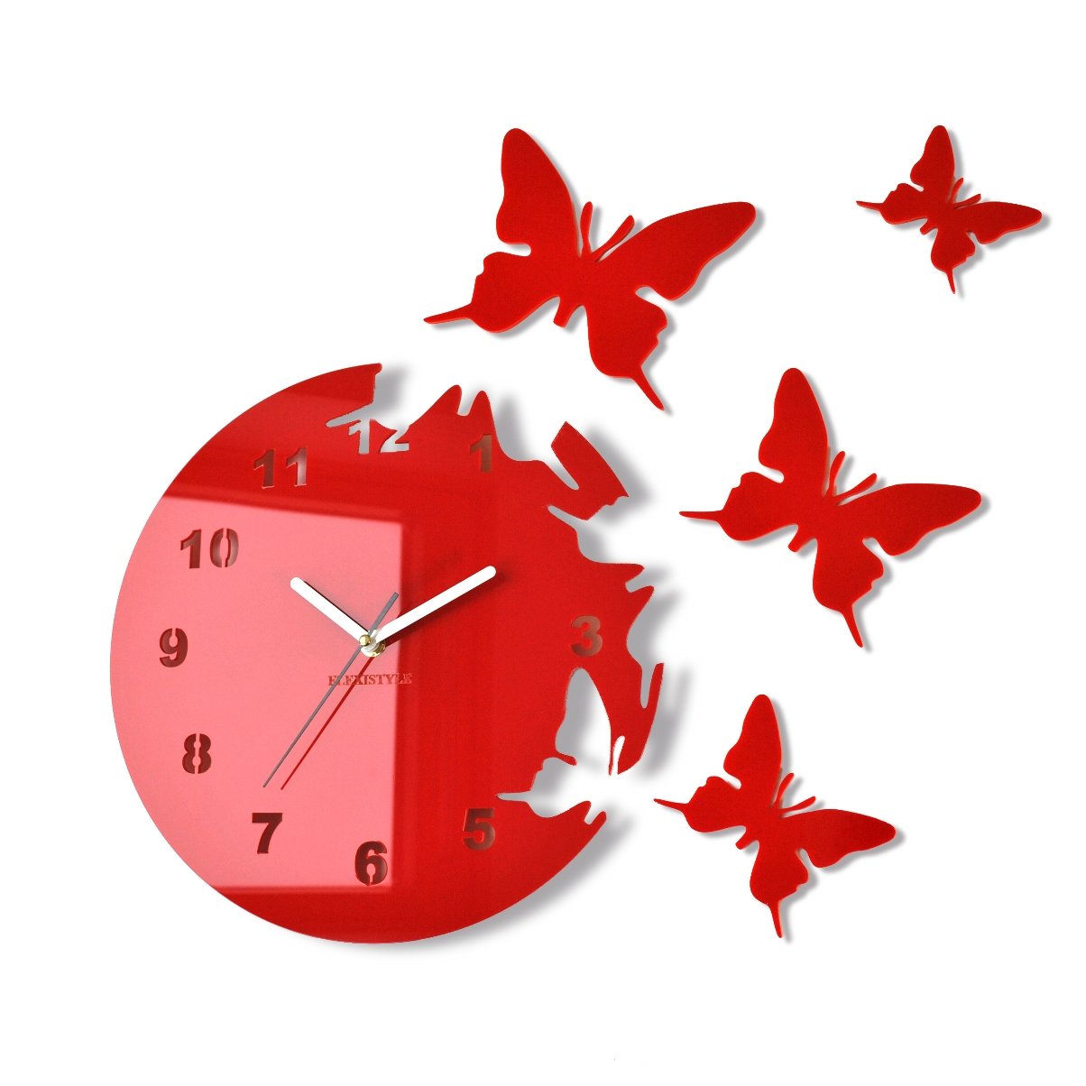 FLEXISTYLE Modern wall clock BUTTERFLIES circular, no ticking (Red)
