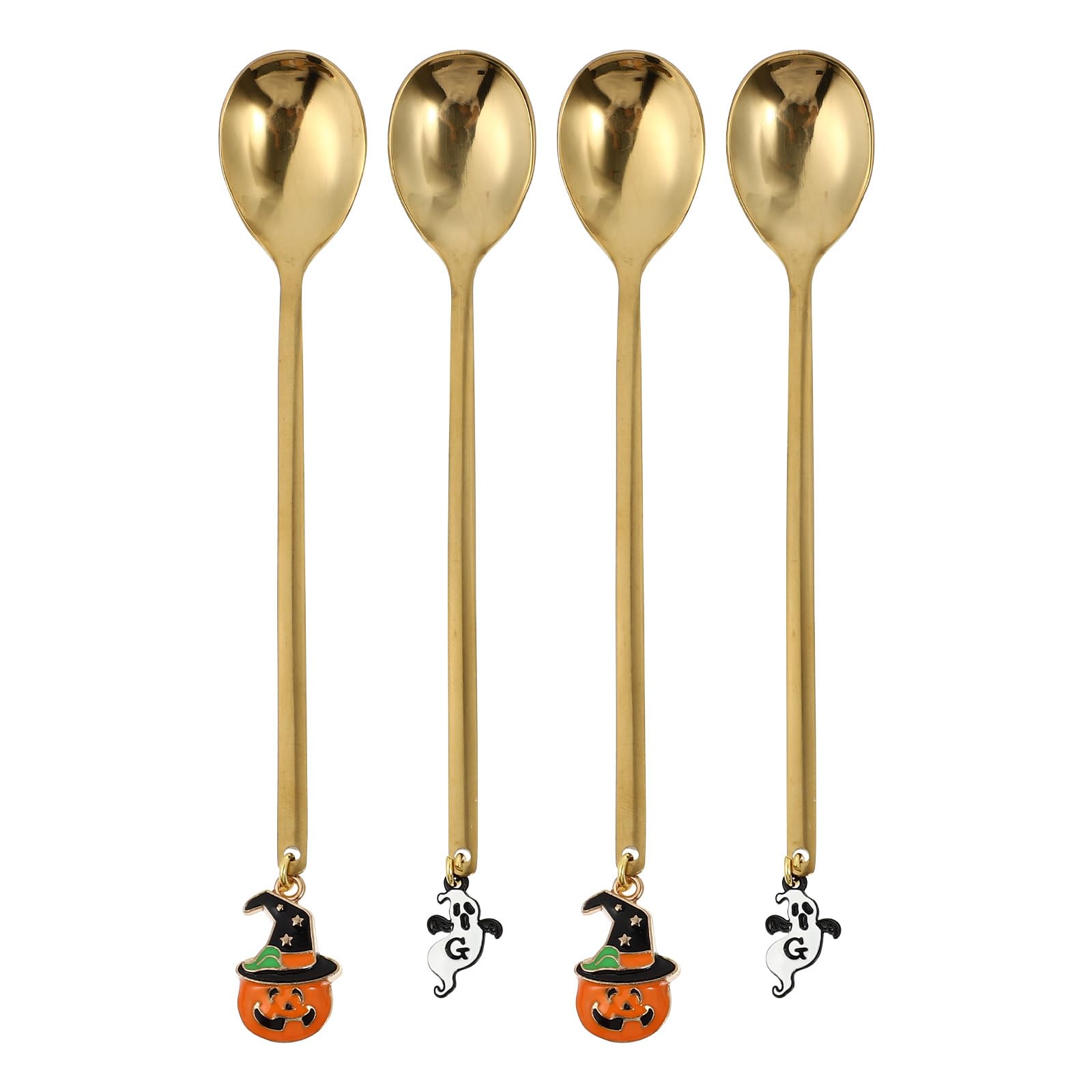 Housoutil Halloween Pumpkin Ghost Coffee Spoon, 4PCS HHalloween Teaspoon, Golden Dessert Spoons Cutlery, Halloween Kitchen Accessories for Mixing Spoons Sugar Spoon Ice Cream Teaspoon