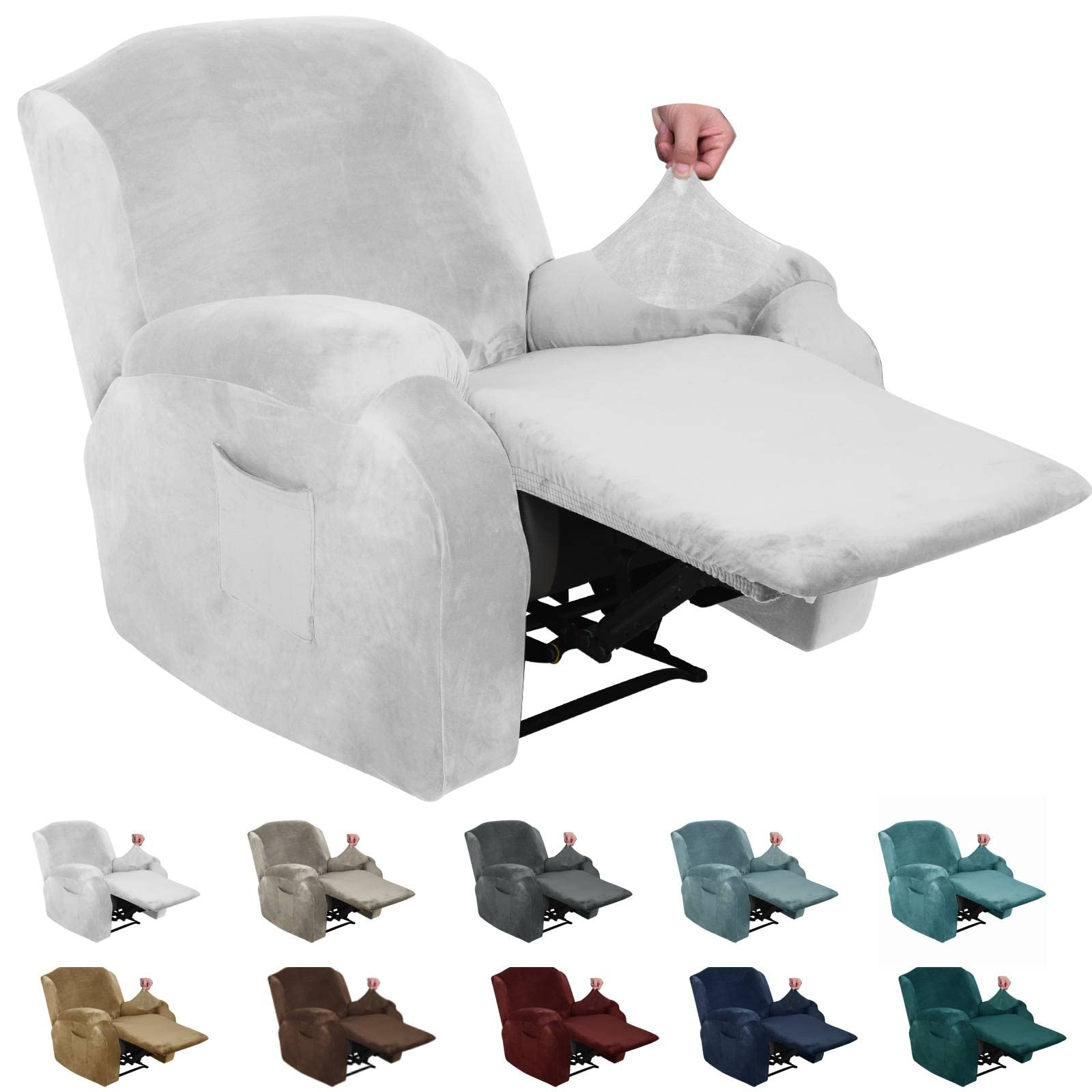 XINEAGE 4 Pieces Velvet Recliner Slipcover Stretch Recliner Chair Cover with Side Pocket Anti-Slip Fitted Recliner Cover Couch Furniture Protector with Elastic Bottom (Recliner, White)
