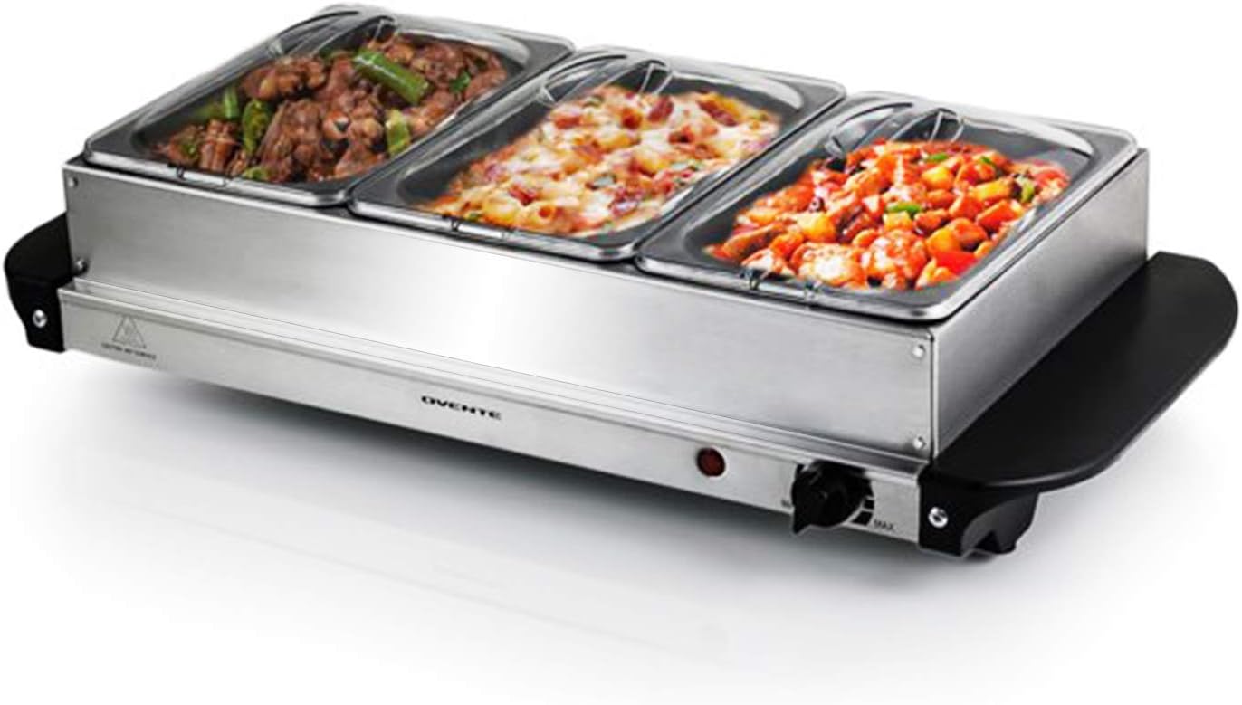 Ovente Electric Buffet Server Three Sectional Stainless Steel Food Warmer Tray, Heated Removable Warming Frame and Adjustable Warming Dial for Indoor or Outdoor Use, Silver (FW173S)