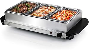 Ovente Electric Buffet Server Three Sectional Stainless Steel Food Warmer Tray, Heated Removable Warming Frame and Adjustable Warming Dial for Indoor or Outdoor Use, Silver (FW173S)