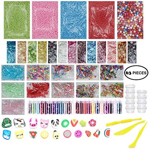 Slime Supplies Kit 63 Pack - Big Slime Making Kit Include Floam Balls Glitter Animal Flower Fruit Slices Fishbowl Beads Paper Sugar - DIY Slime Making Accessories - Slime Making Tools & Containers