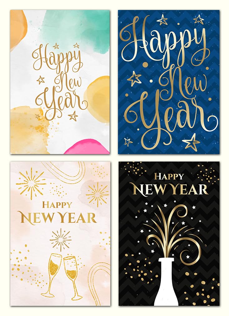 Giftinghouse Happy New Year Cards 2026 Pack of 12/24/48 - Gold Foil Greeting Cards Multipack with White Envelopes - Blank Inside Eco-Friendly Card Set for friends and family. (12 CARDS)