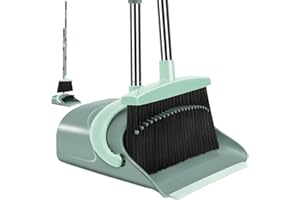 IVANDAR Broom and Dustpan Set for Home, Dust pan with Long Handle, Broom with Dustpan Combo Set, for Home Kitchen Room Office Lobby Floor Use Upright Stand Up Sweeping (Gray&Green)