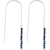 NJCRAFT Threader Earrings for Women with Gemstone Beads - 2mm Natural Gemstone, Adjustable Pull-Through Long & Short Dangle Design, 3+1 Inch Silver Plated Earrings, Lightweight Crystal Jewellery Gift