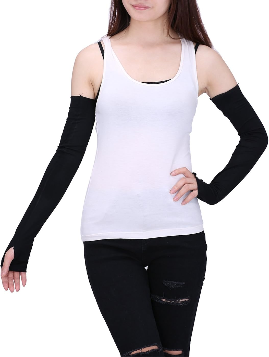 HDE Women Fingerless Long Gloves Thumbhole Arm Warmer Sleeve Elbow Length (Black) at  Women’s Clothing store