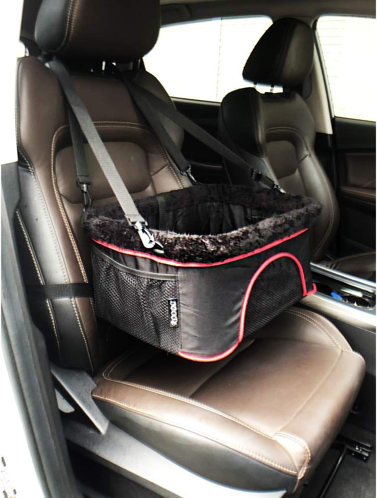 ROODO Dog Car Seat for Small Dogs, Doggy Travel Booster Seat with Metal Frame, Washable Thick Cushion Safety Leash and Storage Pockets, For Small Dogs or Cats Up To 12 Pounds (Black)