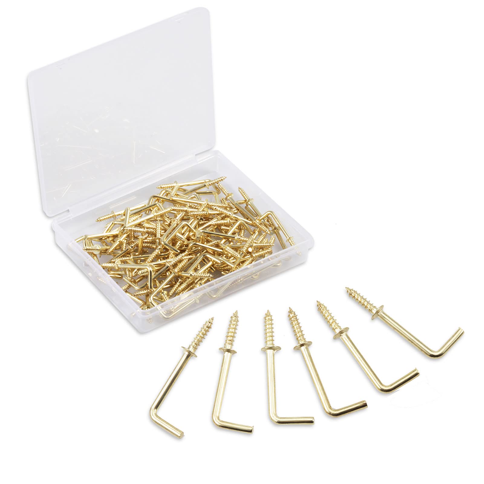 SPEEDWOX 100PCS Right Angle Screws Hook 1 Inch, Screw-in Square Bend Hooks, L Shape Nail Hook Fastener Accessories with Storage Box for Home, Office and Workplace