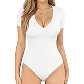 MANGOPOP V Neck Bodysuits for Women Short Sleeve Body Suits Basic Top Casual Shirt