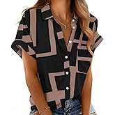 Mintreus Button Down Short Sleeve Shirts for Women V Neck Loose Roll Up Collared Shirt Casual Summer Tops with Pockets