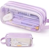 ANGOOBABY Large Grid Mesh Pencil Case 2 Compartment Pen Bag Clear Handheld Multifunction Pencil Pouch Transparent Makeup Bag for Teen Student College Business Travel Office Adult - Purple