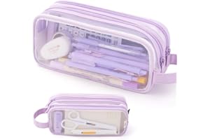 ANGOOBABY Large Grid Mesh Pencil Case 2 Compartment Pen Bag Clear Handheld Multifunction Pencil Pouch Transparent Makeup Bag for Teen Student College Business Travel Office Adult - Purple