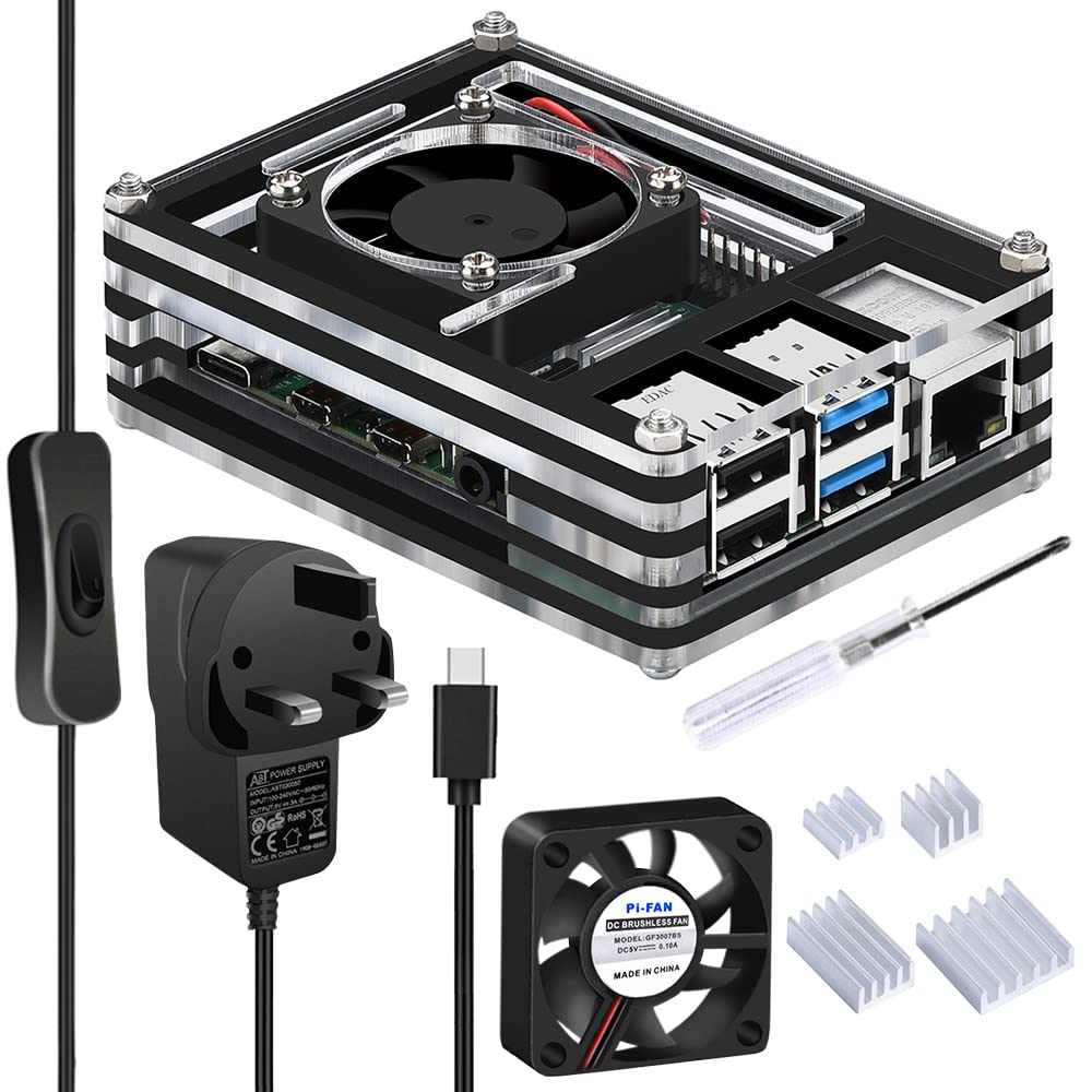 GeeekPi Raspberry Pi 4 Case with Fan Cooling Pi 4B Case with 5V 3.6A Power Supply, 4 pcs Aluminum Heatsinks Support Pi 4 Model B 8gb/4gb (No Raspberry Pi Board)