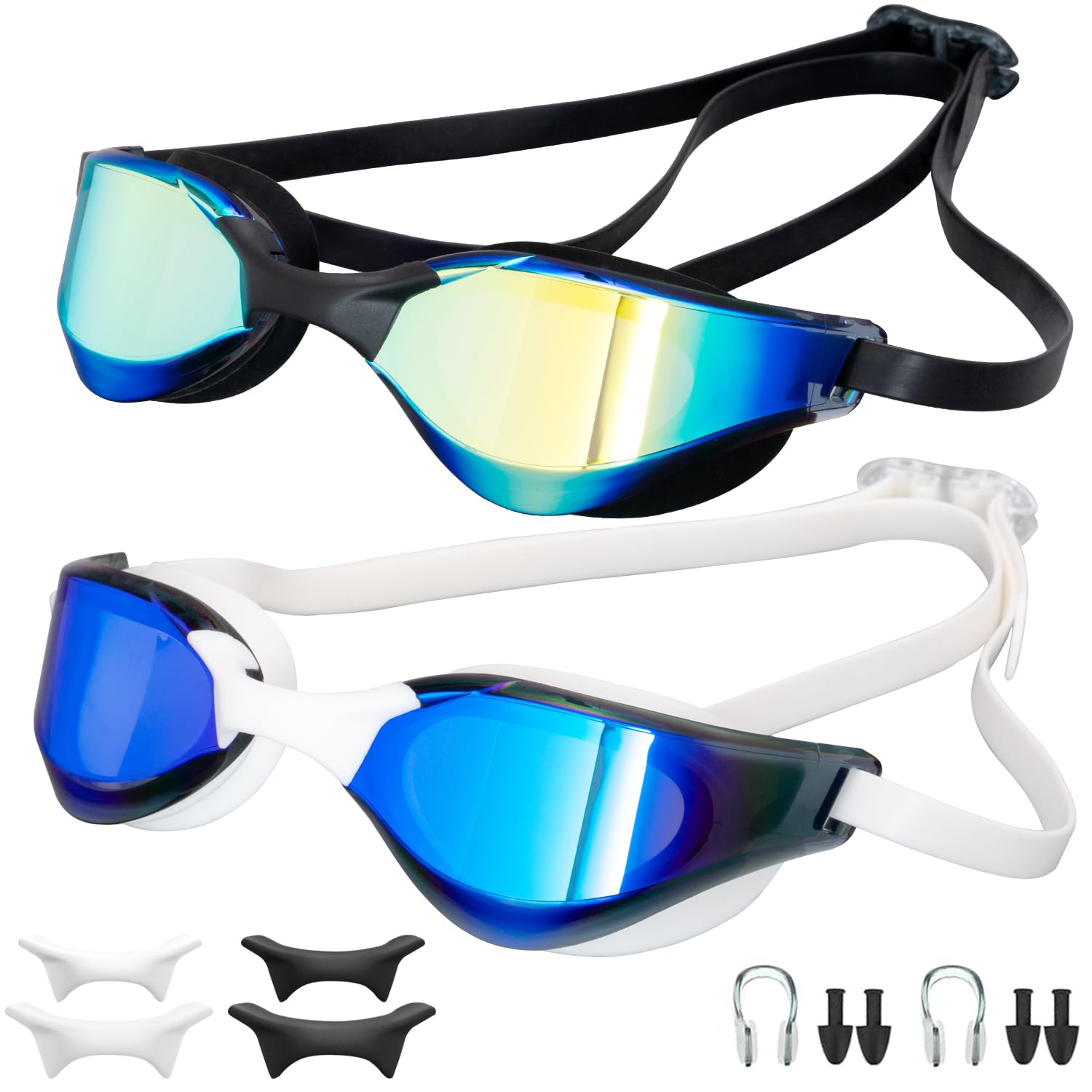 Lychico Swimming Goggles (2 Pack), Long-lasting Anti Fog Swimming Goggles for Adult Men Women, No Leakage with Nose Clip Earplugs