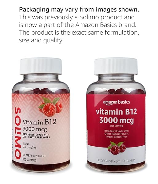 AMAZON BASICS VITAMIN B12 3000 MCG GUMMIES, NORMAL ENERGY PRODUCTION AND METABOLISM, IMMUNE SYSTEM SUPPORT, RASPBERRY, 100 COUNT (2 PER SERVING) (PREVIOUSLY SOLIMO)
