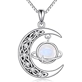 MILKYX Celtic Knot Crescent Moon and Planet Necklace, 925 Sterling Silver Natural Moonstone Pendant, Mystical Celestial Jewelry Gift for Women