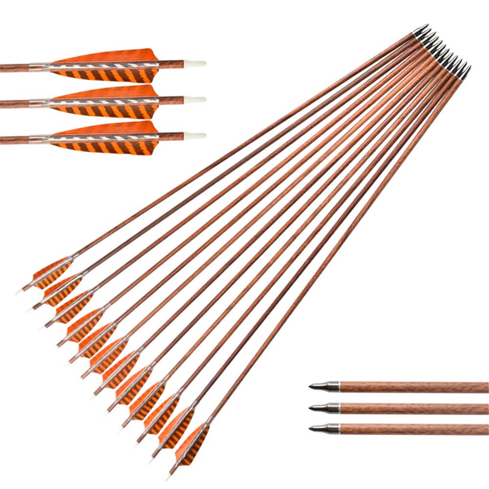 NIKA ARCHERY 30" Feather Carbon Arrows Wood Camo Printing Shaft SP400 for Outdoor Target Hunting, 12 Pieces
