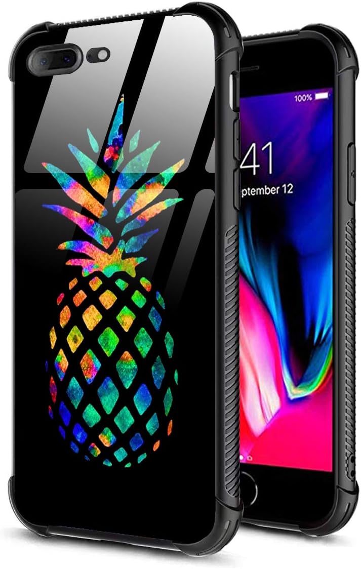DAHAOGUO iPhone 7 Plus Case,iPhone 8 Plus Pineapple Case,Slim Fit Tempered Glass Back for Girls+Soft Silicone TPU Shock Absorption Bumper Protective Case for iPhone 7 8 Plus 5.5 inch Black