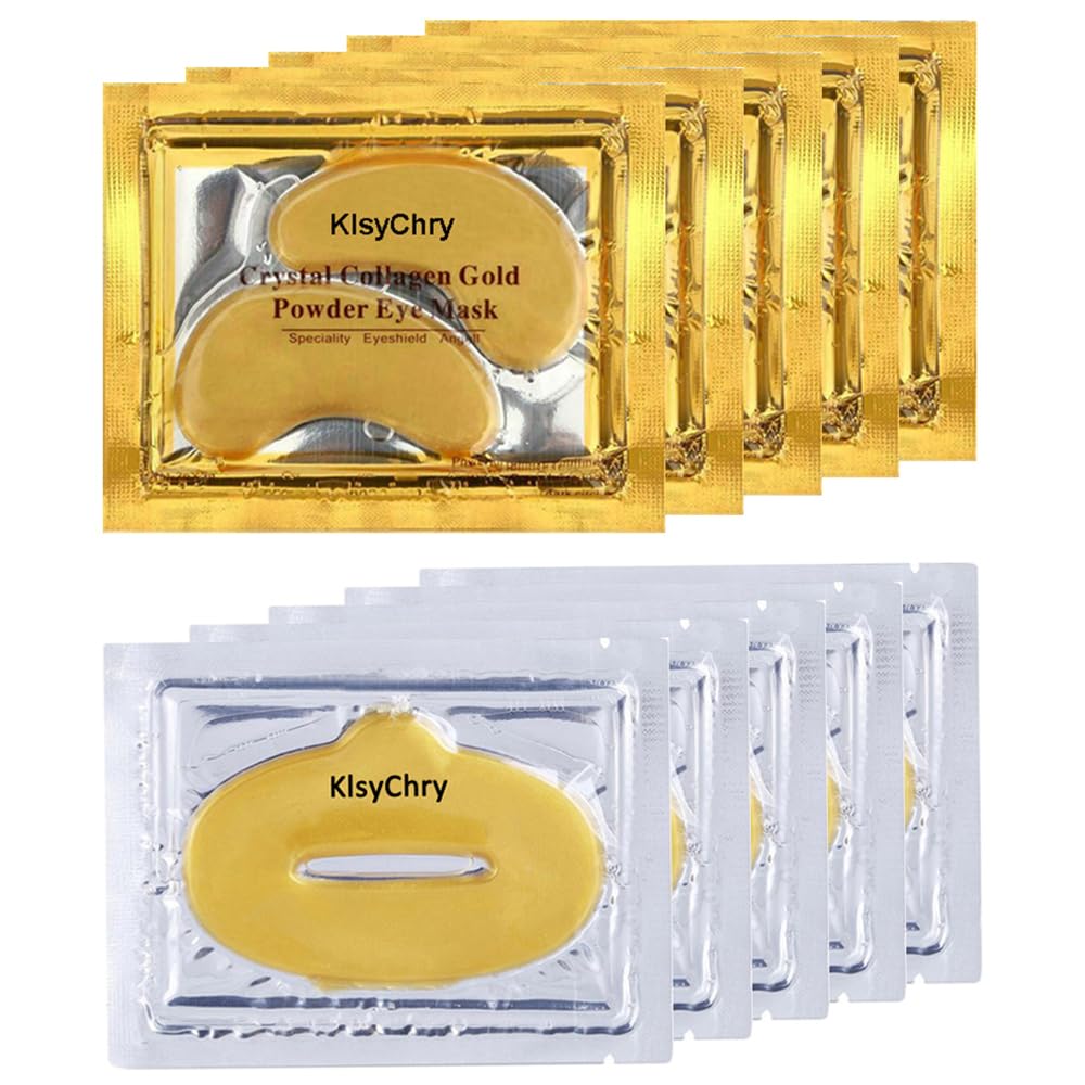 24K Gold Gel Crystal Collagen Lip and Eye Mask Set - 5 Pairs Golden Eye Patches & 5 Pcs Gold Lip Mask, Anti Aging Eyes and Lip Mask Patches
