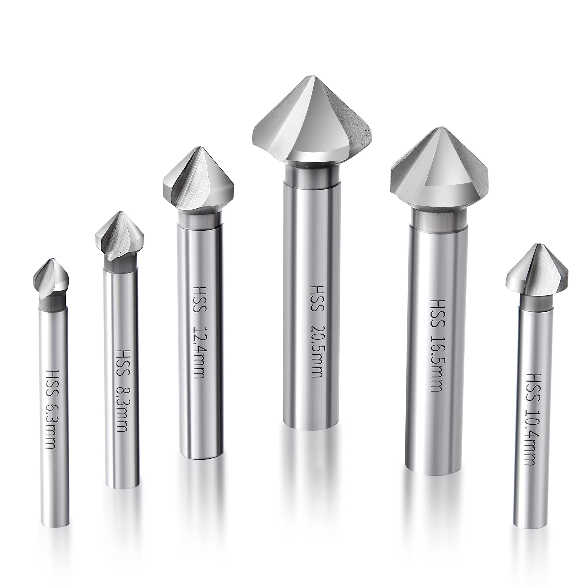 HUAZHICHUN Countersink Drill Bit Set 6 pcs High Speed Steel 3 Flute 85 Degree Steel Counter Sink for Wood and Metal in Sizes 1/2",1/3",1/4",2/3",2/5",4/5" Set