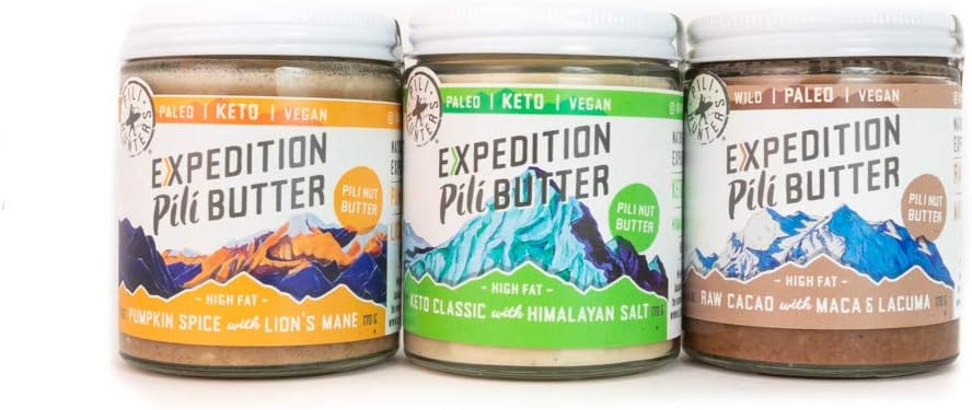 PILI HUNTERS, AS SEEN ON SHARK TANK, The Original Pili Nut Butter Variety Pack, Flavors Include Original Keto Classic, Raw Cacao, and Pumpkin Spice, Keto, Paleo, Low Carb Energy (6 oz Jar, pack of 3)