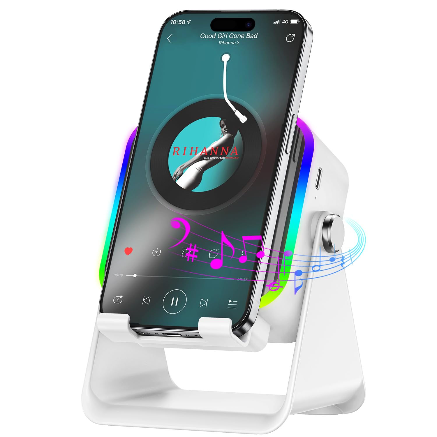 Photo 1 of Wireless Induction Speaker 5-in-1 Bluetooth Speaker with Phone Stand,Stereo Sound, 3500mAh Rechargeable, 8 RGB Ambient Light, 360° Adjustable Holder for iPhone/Android/iPad,Gifts for Men Women (White)