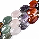 Fashewelry 16 PCS Natural Stone Bead Mixed Oval Shape Include Natural Green Aventurine & Rose Quartz & Red Agate & Tiger Eye & Amethyst Beads for Bracelet Necklace Jewelry Making 1.2mm Hole