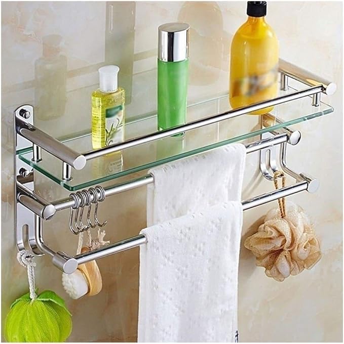 Towel rail Bathroom Glass Shelves Towel Rack Stainless Steel Wall Mounted with Towel Bar and Towel rail Bathroom Glass Shelves Towel Rack Stainless Steel Wall Mounted with Towel Bar and