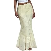 MakeMeChic Women's Summer Mesh Floral Skirt Low Waist Ruffle Fishtail Maxi Skirts