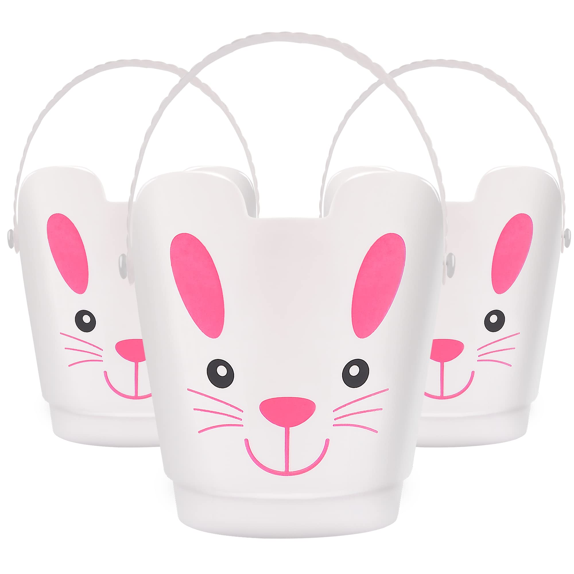 Zcaukya Easter Buckets, Set of 3 Plastic Easter Bunny Baskets with Handles, Empty Plastic Easter Pails for Kids Easter Egg Hunt Party Favors