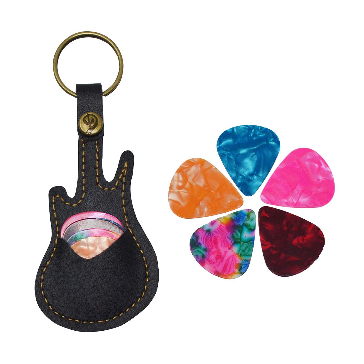 Guitar Pick Holder Leather Keyring Keychain Case for Guitar Pick Bag with 5Pcs Plectrums Gift