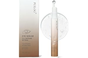 PUILOG 5% Caffeine Eye Cream & Under Eye Serum for Dark Circles Wrinkles Bags & Puffiness with Retinal Hyaluronic Acid Peptides, Depuffing with 360° Massage Ball Roller, 0.51 fl oz