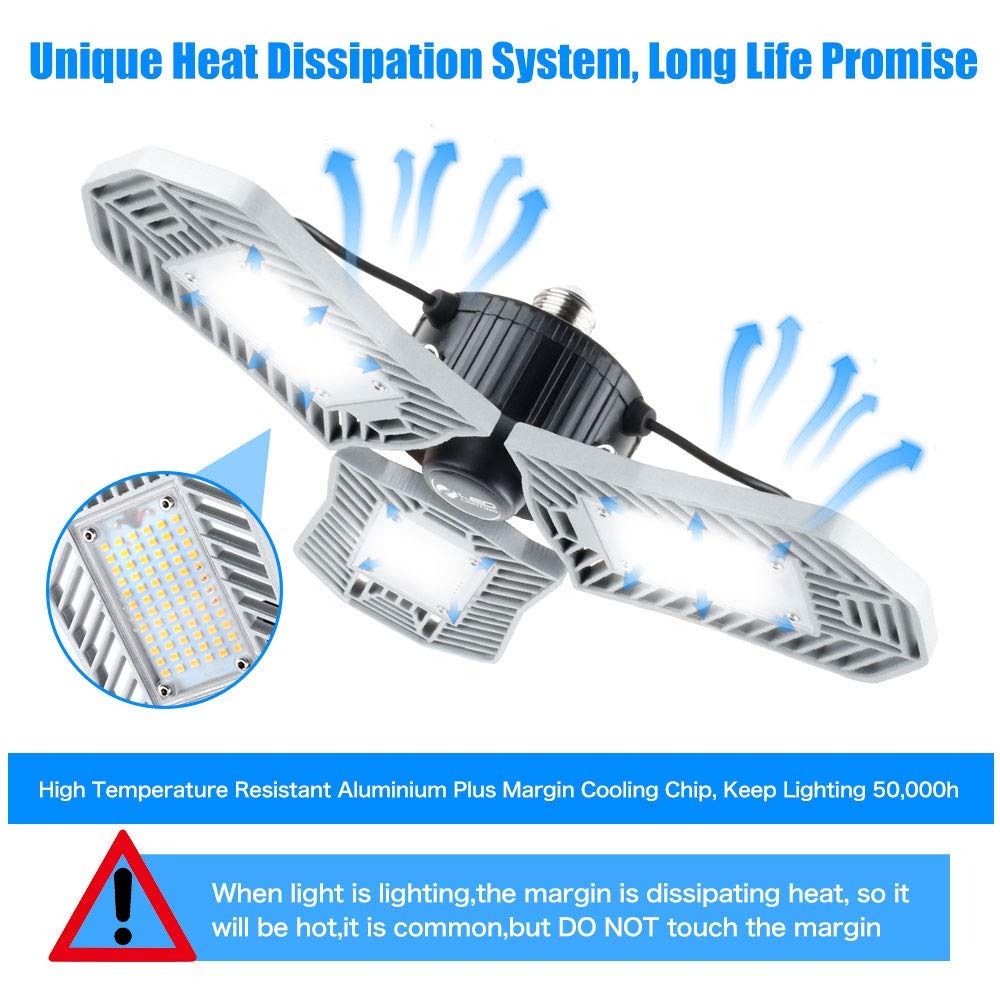 LED Garage Lights, Deformable Led Garage Ceiling Lights 6000 Lumens,Super Bright Led Shop Lights for Garage, Garage Lights with 3 Adjustable Panels, Utility Garage Lighting Led