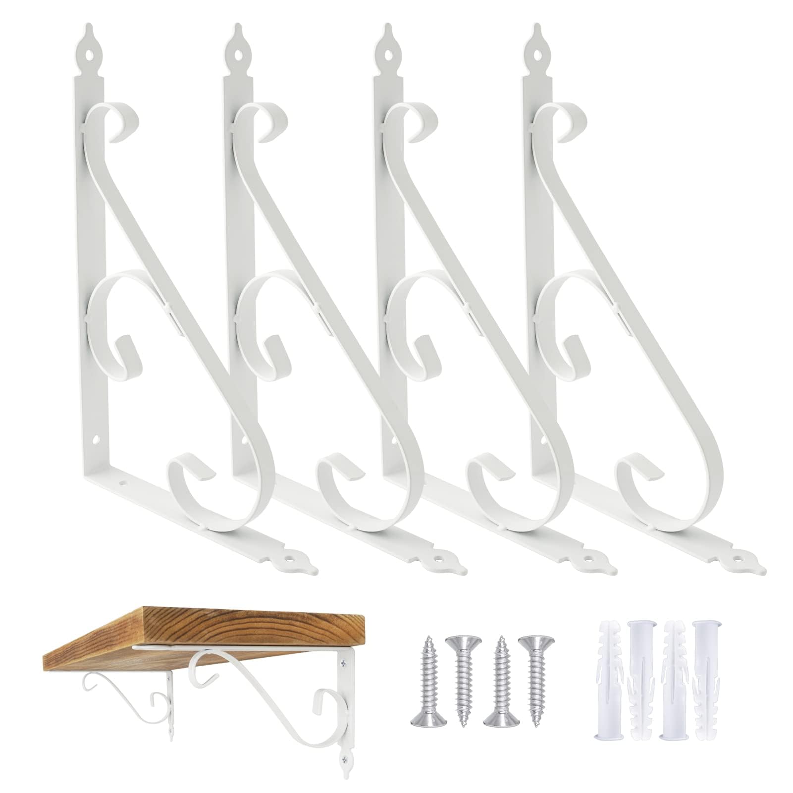Ouvin Decorative Wall Shelf Brackets 4 Pack 10inch Heavy Duty L Corner Brace White Shelf Support Floating Metal Brackets with Screws (250 mm/10 inch) White