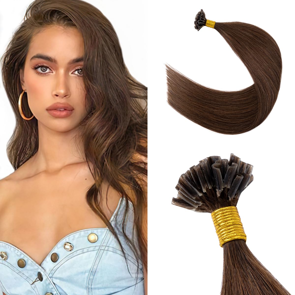 Silk-co U Tip Pre Bonded Hair Extensions Strands Keratin Nail Tip Straight Human Hair Extensions U tip Real Remy Hair 50 Strands Keratin Nail Til 18"-50g #04 Medium Brown — image 1