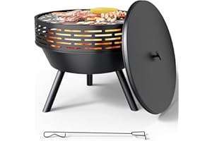 Teisaiko 23 inch Outdoor Fire Pit with Lid & Grill, Heavy Duty Wood Burning Fire Pits for Outside, with Functions for BBQ, Cast Iron Fire fire Bowl Table for Patio Backyard, with Handle & Poker