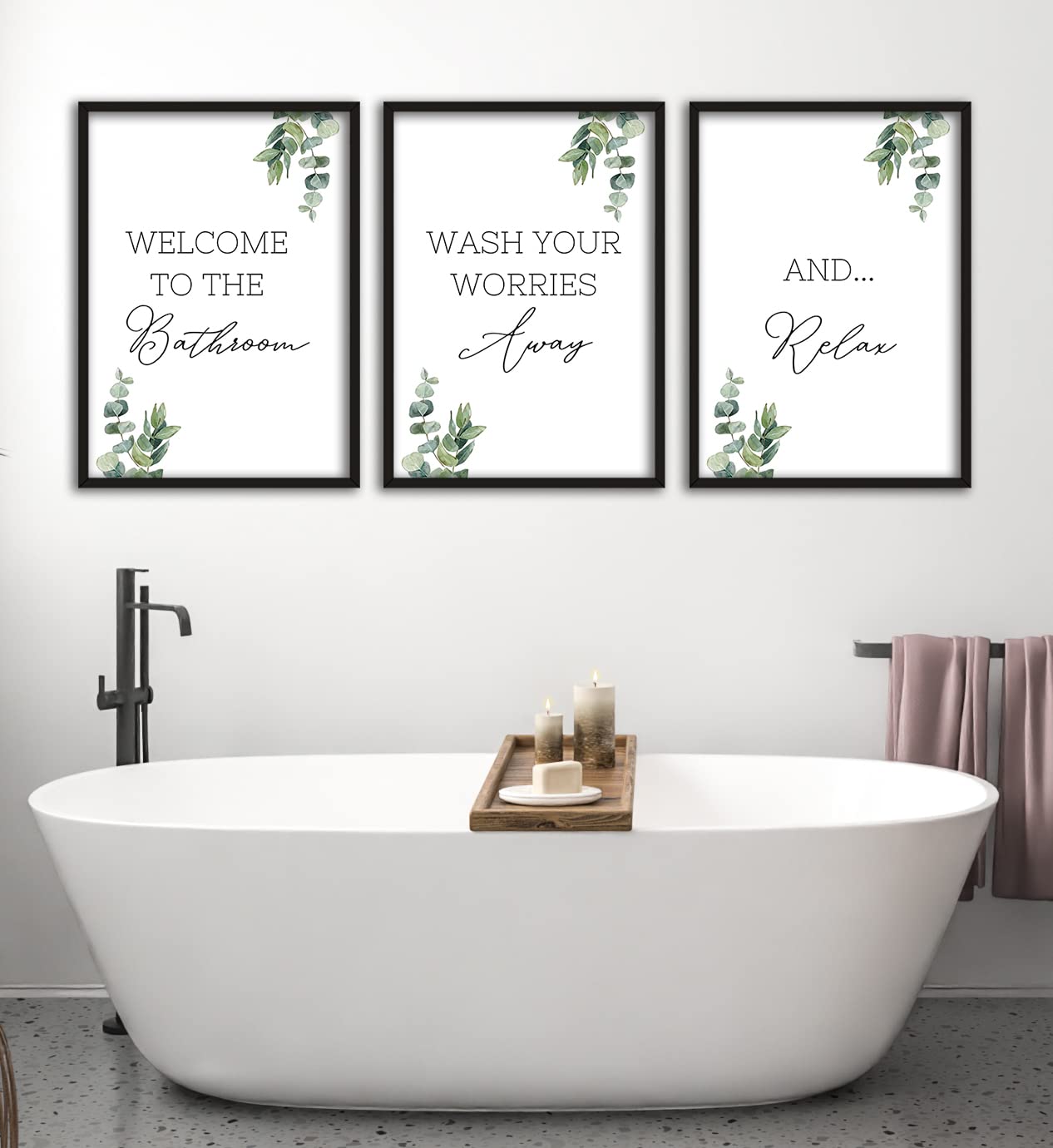 Bathroom Wall Art Set of 3 Unframed Prints, Green Eucalyptus Plant with Quotes, Leaves Home Decor, Wash Away Your Worries, And Relax (A3)