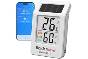 BaldrTherm Solar Bluetooth Thermometer Humidity Monitor with Remote App Control, Offline Storage, Trend Charts, Real-Time Alerts for Home Storage Room, Pet Cage, Indoor/Outdoor Use, White, 1pack