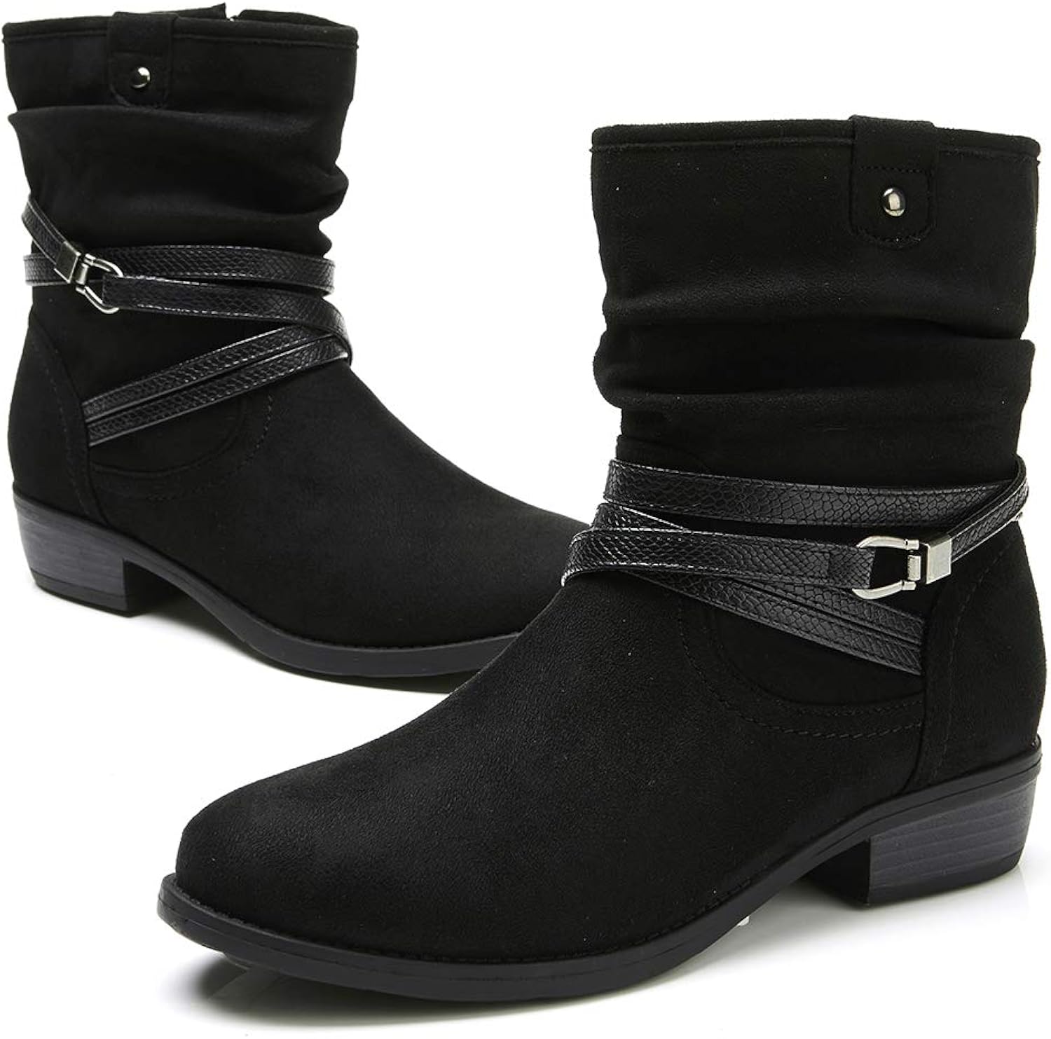 VJH confort Women's Mid Calf Boot,Comfort Round Toe Low Heel Slouchy Bootie with Buckle Strap Side Zipper