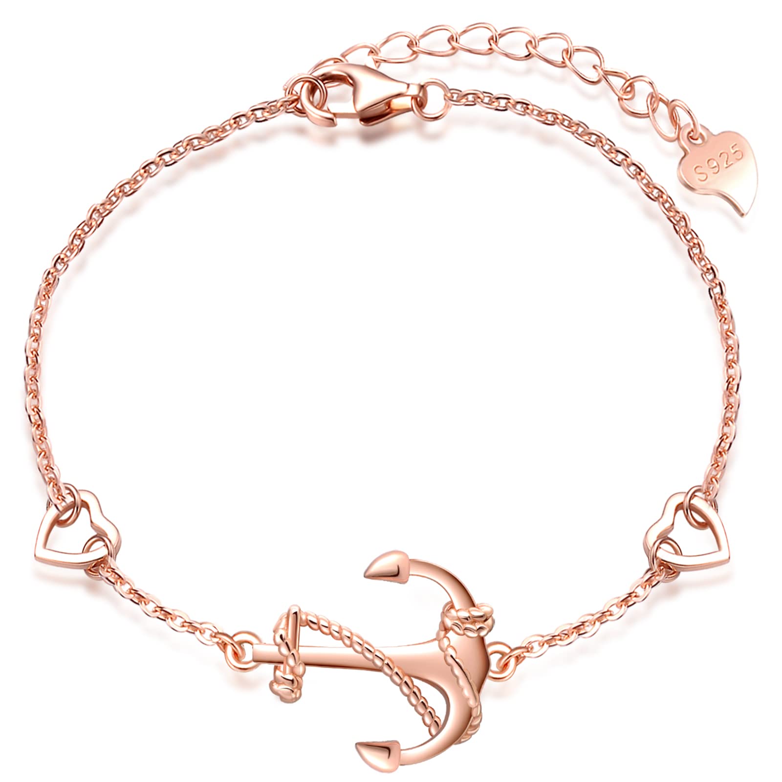 MicLee Bracelet elegant for womens and girls, 925 sterling silver bracelets, Classic anchor bracelet, link with mini heart, symbol of courage, protection and strength, adjustable chain, rose gold