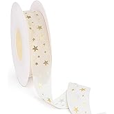 25 Yards Gold Star Sheer Ribbon 3/4 inch Wide Golden Stars Snow Yarn Glitter Ribbon Trim Embellishment Star-Theme Supplies for Birthday Wedding Christmas Gift Wrapping