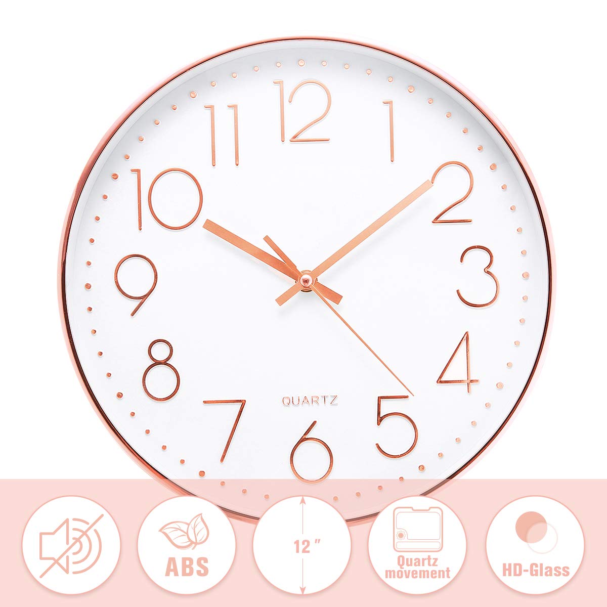 Jeteven 12\'\' Rose Gold Wall Clock Silent Non-ticking Wall Clock for Living Room Bedroom Decor