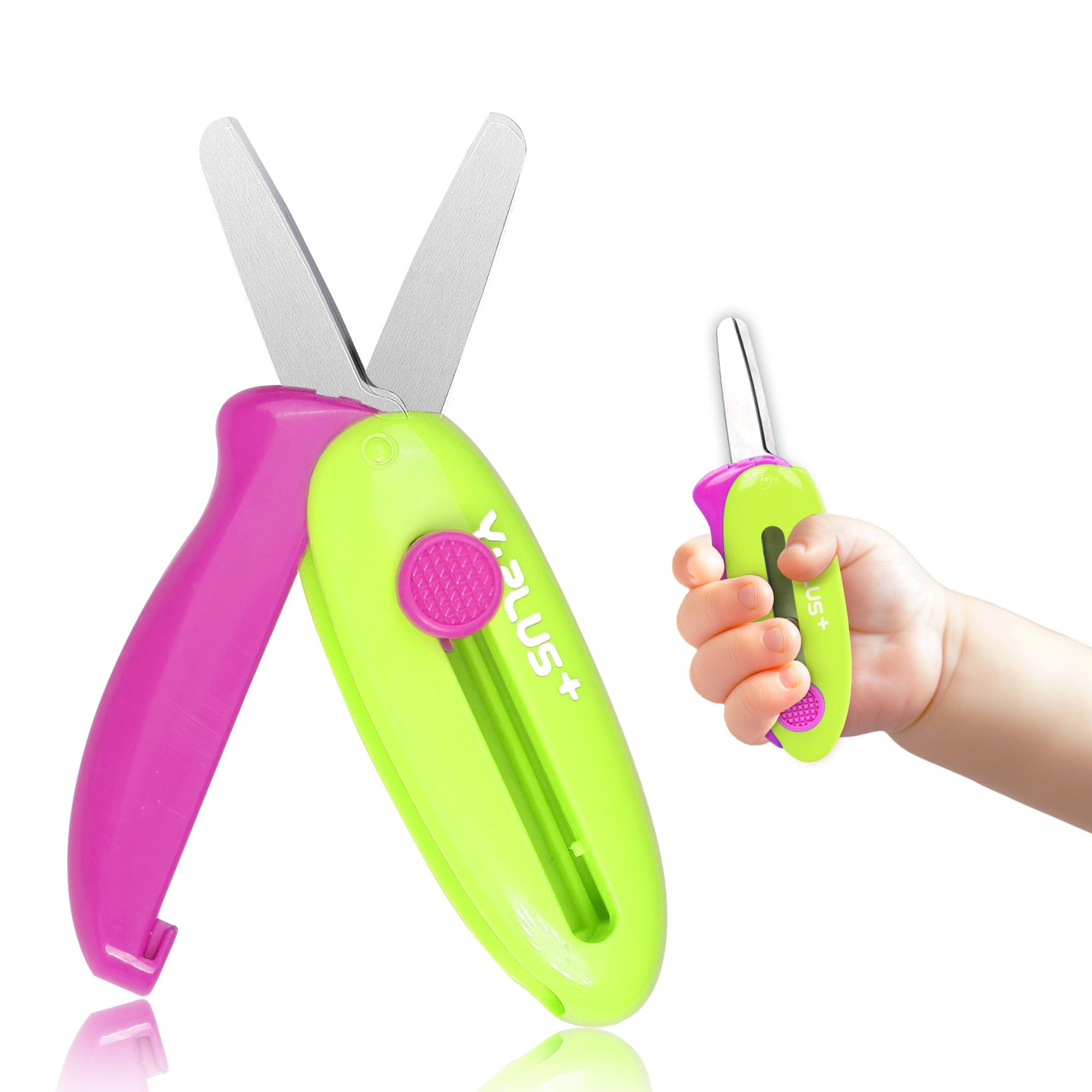 Safety Scissors for Kids, Retractable Small Scissors for Toddler Craft Ages 3-5 2-4 1-3, Cute Pink Toddler Craft Preschool - Green
