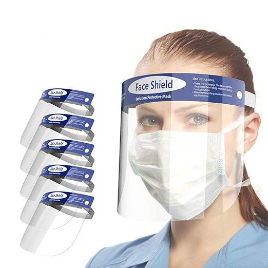 6 Packs Looflar Face Shield, Anti-Fog Adjustable Dental Full Face Shield with Protective Clear Film Elastic Band & Comfort Sponge